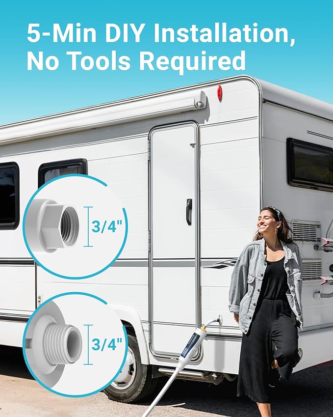 AQUA CREST RV Water Filter, RV Inline Water Filter with NSF Certified, Reduces Chlorine, Bad Taste and Odor, Ideal for Garden and Camper (Filter 4 Pack with Hose Protector)
