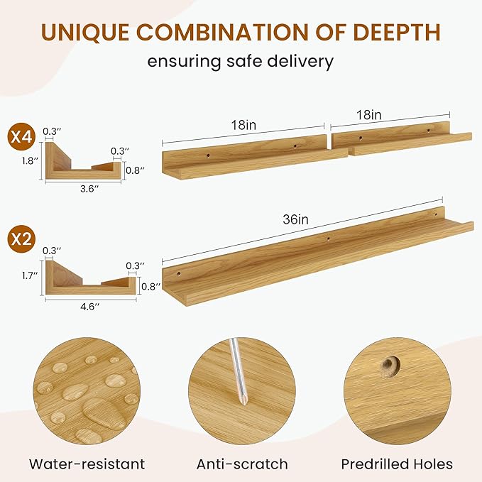 Axeman Picture Ledge Shelf, Floating Shelves for Wall Decor Storage Set of 6, 36 inch Floating Wall Mounted Shelves, Wall Shelves with Lip for Living Room, Bedroom, Nursery, Bathroom, Kitchen, Oak
