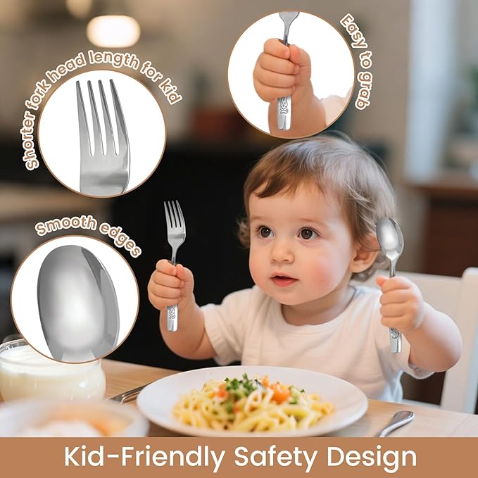 HAKSEN Stainless Steel Toddler Utensils Set, 12PCS Kids Safe Forks and Spoons with Bunny and Puppy Motifs, Mirror Polished & Dishwasher Safe