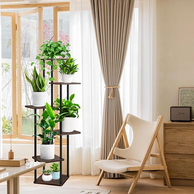 6 Tier Wood Tall Plant Stand Metal Rack Indoor, Multiple Flower Pot Holder Shelves Corner Rack, Planter Shelf Display Rack Storage Organizer for Patio Living Room Balcony Garden(Black Oak)