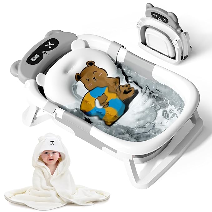 Collapsible Baby Bathtub for Newborn to Toddler (0-18 Month) - Portable Baby Bath Tub for Travel, Newborn Bathtub with Soft Towel and Floating Cushion (Gray)