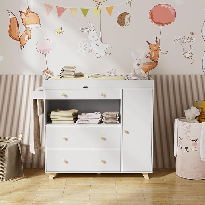 PAKASEPT Changing Table Modern Dresser with Wide Table Top, 3 Drawers, White Drawer Dresser