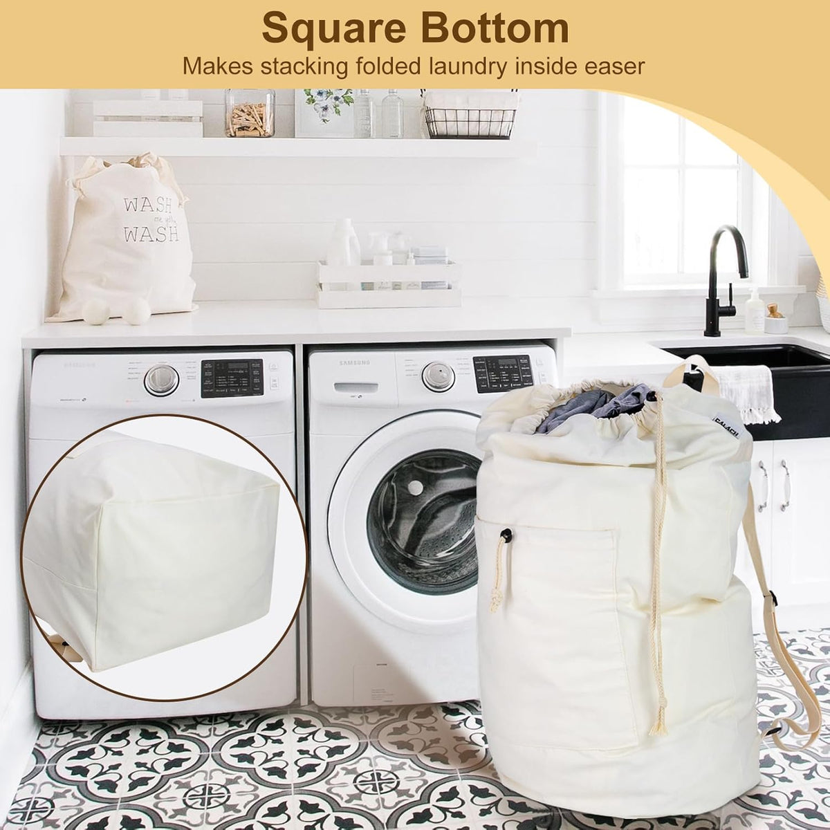 Laundry Bag Backpack, Canvas Laundry Bag with Straps & Drawstring Closure Washable Dirty Cloth Hamper Bag with Large Front Pocket for College, Travel, Laundromat, Camping (2 Pack)