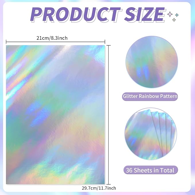 36 Sheets Holographic Sticker Paper,Holographic Laminate Sheets,A4 Size Clear Vinyl Sticker Sheets Self-Adhesive Rainbow Overlay Sheets,11.7 x 8.3 Inches（Laser）