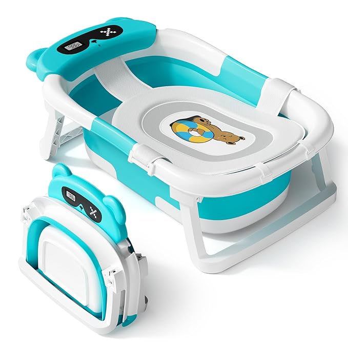 AVIDOR Baby Bathtub,Collapsible Bathtub for Newborn to Toddler,Durable Essential Infant Bath Tub,Portable Travel Baby Bathtub with Soft Cushion,No-Slip Hanging and Detachable Bathtub(Blue)