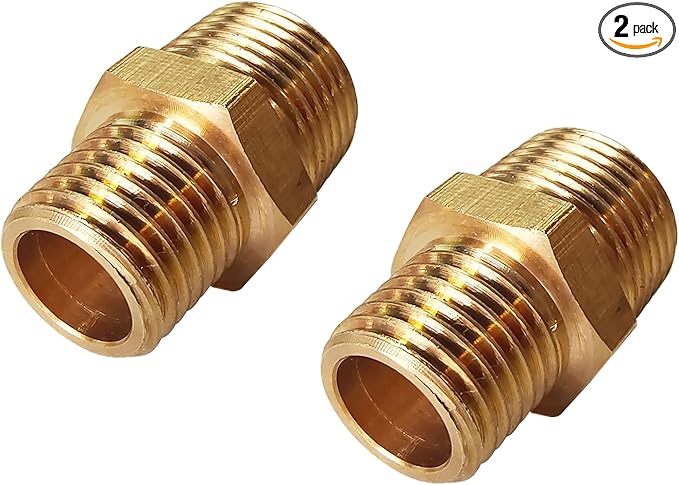 2pcs 1/4" NPT x 1/8" NPT Brass Nipple, 1/4 to 1/8 Adapter Fitting Reducing Solid Hex Nipple, Brass 1/4 Male to 1/8 Male Reducer Pipe Fittings for Extending and Connecting Pipes