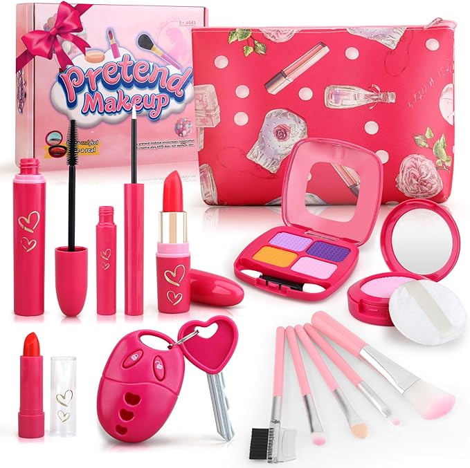 Toddler Girl Toys, Pretend Makeup Kit for Girls 3-5, Kids Play Makeup Set for Kids 3-5 4-6, Toddler Makeup Kit with Fake Makeup Set, Car Key & Make up Toy for Age 3 4 5 Year Old Girl Gifts