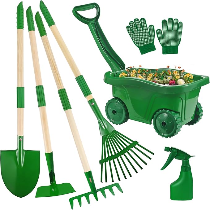 Duckura Kids Gardening Tools Set - 7pcs Wheelbarrow Set for Kids with Shovel, Rake, Leaf Rake, Summer Outdoor Yard Digging Weed Toys, Halloween Birthday Gifts for Boys Girls Age 2 3+ Years Old(Green)