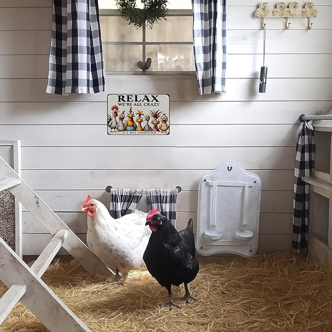 Funny Chicken Gifts Relax We‘re All Crazy It's Not Competition Tin Sign for Home Farm Chicken Coop Farmhouse Kicthen Garden Decor 8 X 12 Inch (3621)
