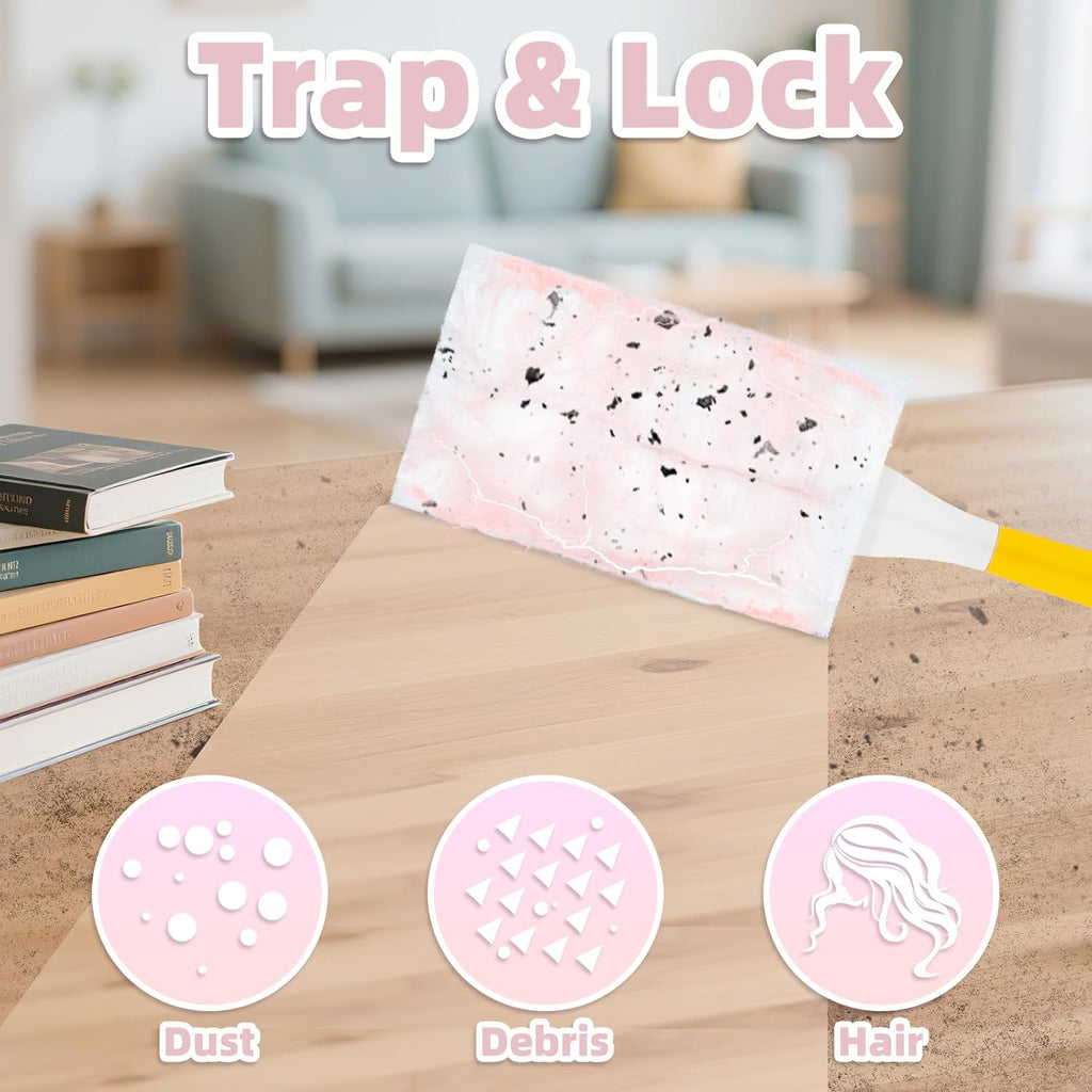 52 Count Disposable Duster Refills for Cleaning, 180° Dusters Refills Compatible with Swiffer (Pink, 50 Count Dust Removal Brushes + 1 Standard Handle + 1 Extended Handle)
