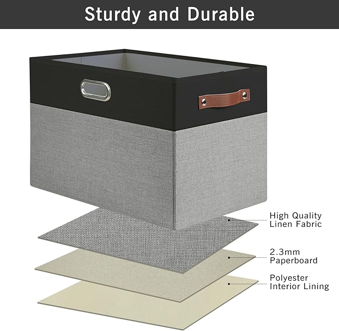 Large Collapsible Fabric Storage Bins with 3 Handles, Foldable Organizer Baskets for Closet, Shelves, Living Room | 3 Pack, Durable PU & Metal Handles (17"x11.8"x11.8", Black & Gray)