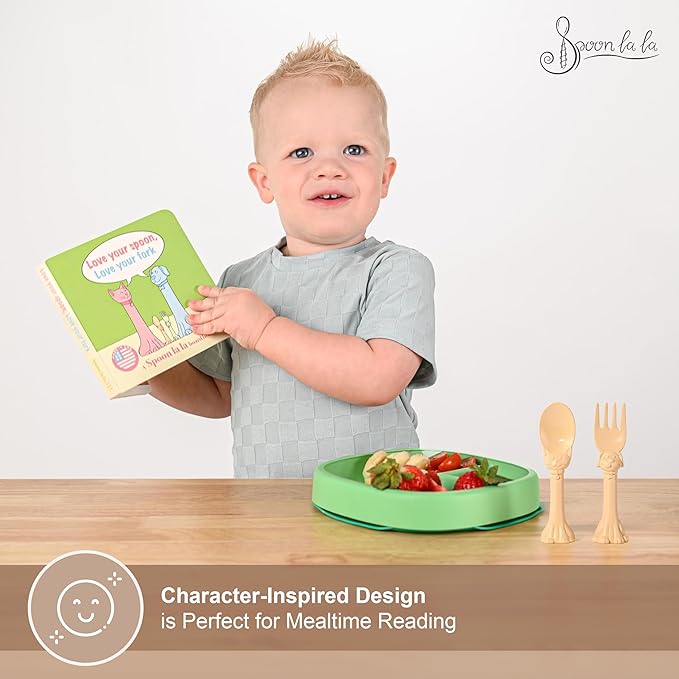 Made in USA Spoon la la Toddler Utensils Set (2 Pack) & Board Book - Spoon & Fork for Kids, Self-Standing 3D Ergonomic Cat & Dog Handles, BPA-free, Dishwasher Safe Baby Silverware (Yellow)
