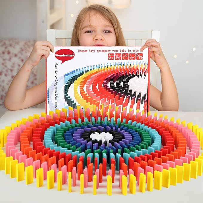 1000 PCS Dominoes Set for Kids with Extra 11 Blocks, Wooden Building Blocks 10 Colors Dominoes Racing Tile Games Educational Toy for Kids Birthday Party with Storage Bag