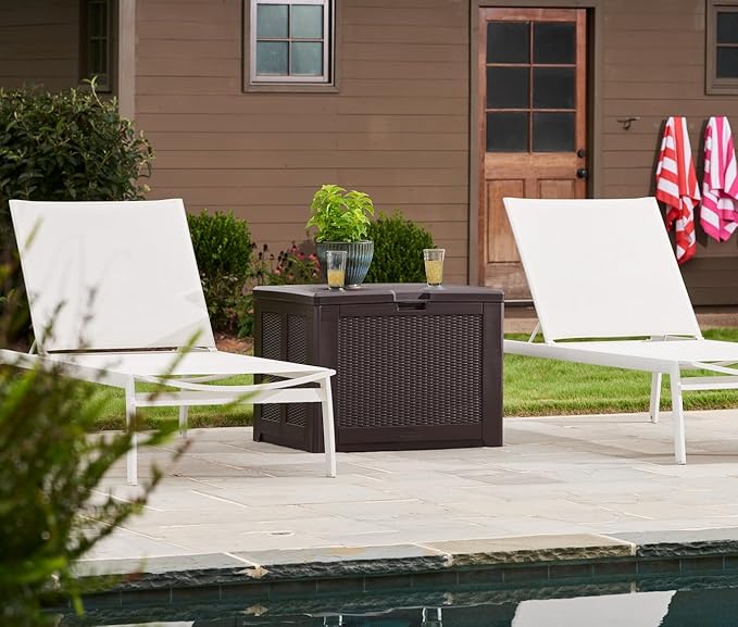 Rubbermaid Medium Resin Outdoor Storage Deck Box (74 Gal) Weather Resistant Brown Deck Organization for Home/Backyard/Pool Chemicals/Toys/Garden Tools/Porch/Patio Cushions