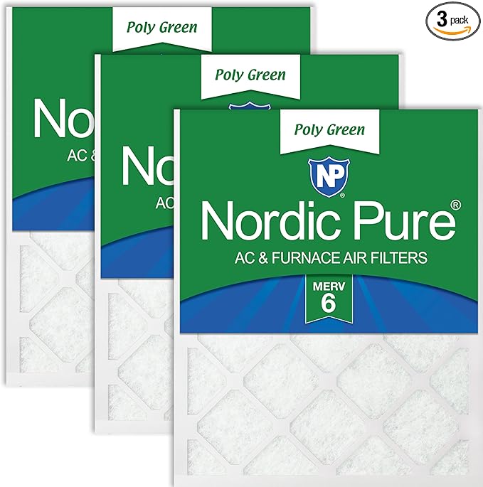 Nordic Pure 20x30x1 (Actual Size: 19 5/8 x 29 5/8 x 3/4) Poly Green MERV 6 AC Furnace Air Filters – Reduces Dust, Pollen, Pet Dander & Allergens – 3-Pack