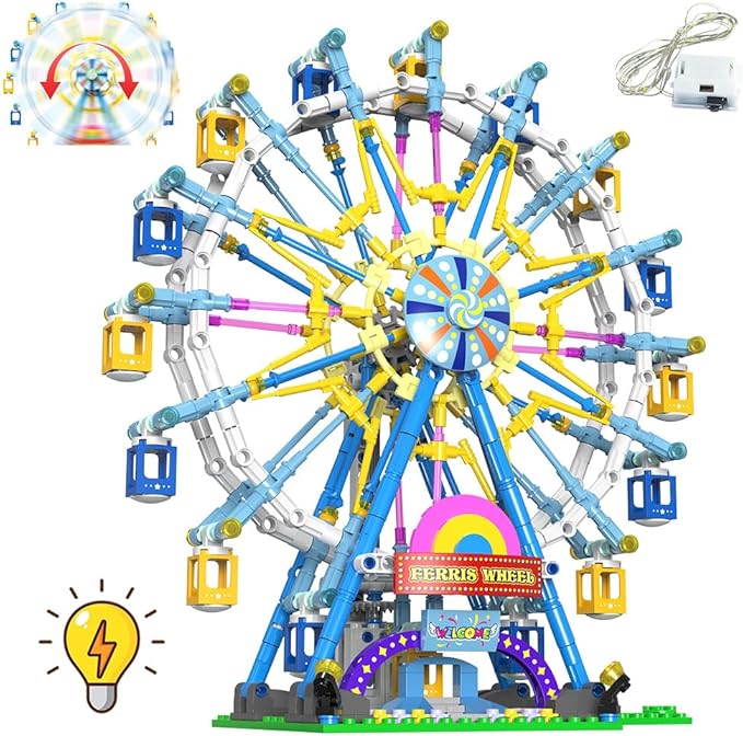 Rotating Ferris Wheel Building Blocks Kit with Lights Amusement Park Building Construction Toys Set for 6+ Year Boys Girls Birthday Gift, for Children 813pcs