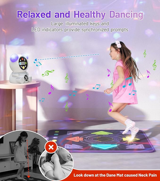 FWFX Dance Floor Games Mat for Kids, Rechargeable Light up Electronic Exercise Toy with Bluetooth for Boys and Girls, Ideal Christmas and Birthday Gift for Kids Ages 3 to 12 (Multicolored)