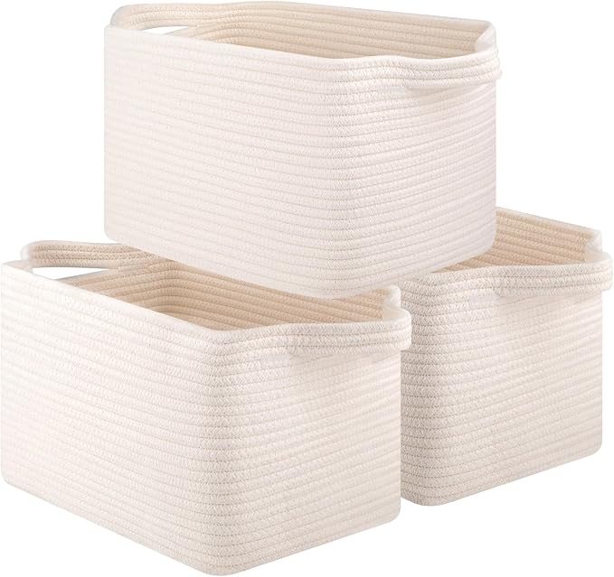 Storage Baskets for Organizing, Decorative Woven Baskets for Shelves, Cotton Rope Storage Cube Bins for Toys, Books, and Towels-13''Lx10''Wx8.6''H-3 Packs, White