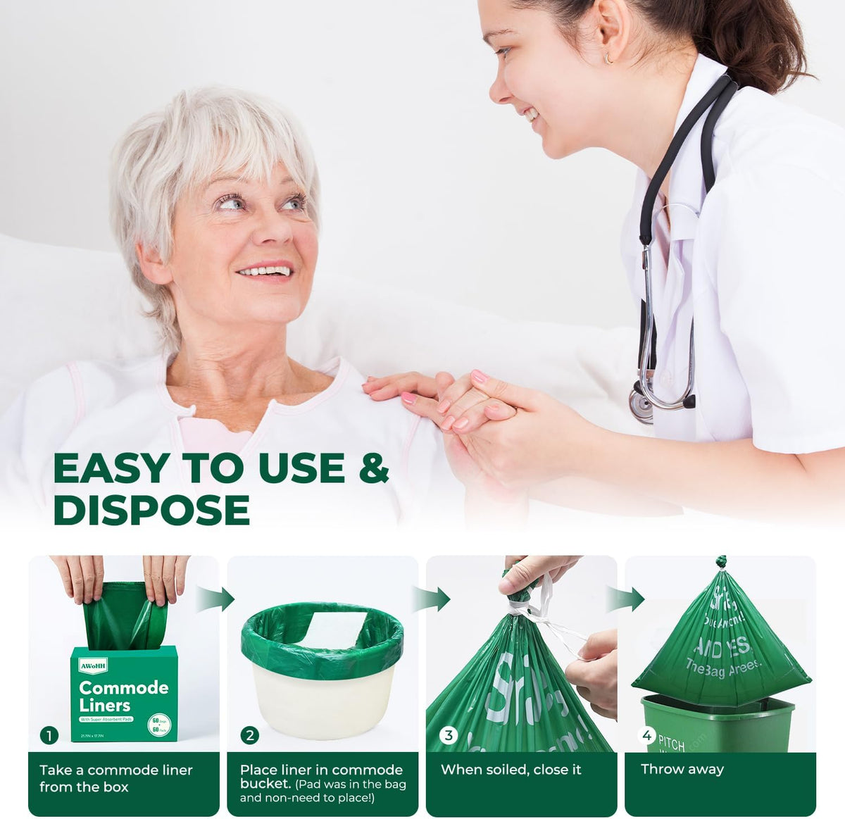 Commode Liners with Absorbent Pads, 60Pack Tear-Free Leak-Proof Bedside Commode Liners, Universal Disposable Commode/Bed Pan Liners for Bedside Commode, Standard Toilet, Chair Bucket(60Bags+60Pads)