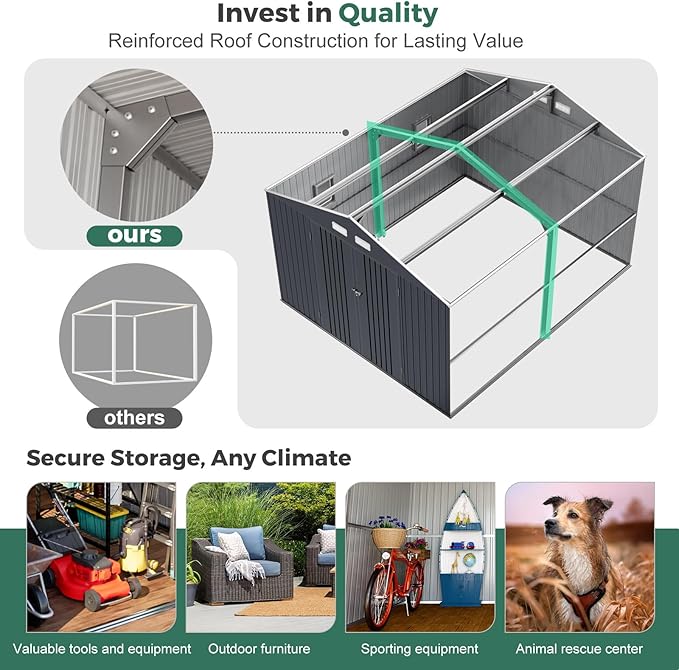 Metal Shed 10x12 Reinforced Sheds Outdoor Storage, Natural Lighting Tool Sheds with Translucent Roof Panels, Windows, and Lockable Doors, Ideal for Garden, Backyard, and Patio