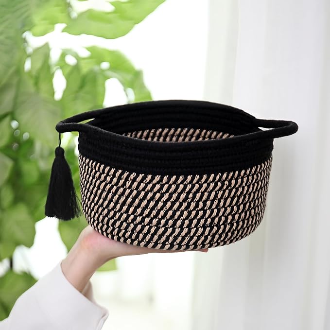 Empty Gift Basket - SweetMemo Mini Woven Rope Organizer Baskets for Baby Shower, Vanity, Makeup Brushes, Bathroom, Shelves, Desk - Small Decorative Storage Bins - Set of 2, Pre-Shaped, Black Brown