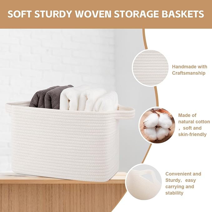 Storage Baskets for Organizing, Decorative Woven Baskets for Shelves, Cotton Rope Storage Cube Bins for Toys, Books, and Towels-13''Lx10''Wx8.6''H-3 Packs, White