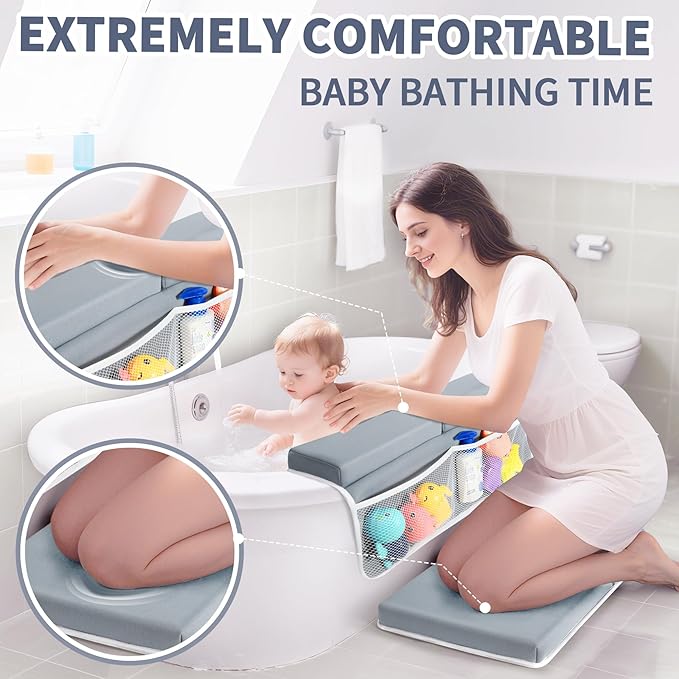 URMYWO Bath Kneeler and Elbow Rest Pad Set - 1.5" Thick Baby Bath Kneeler Pads with Toys Organizer, Anti-Slip Cozy Knee & Arm Support Bathtub Mat, Quick Dry Kneeling Pad for Baby Bath Time