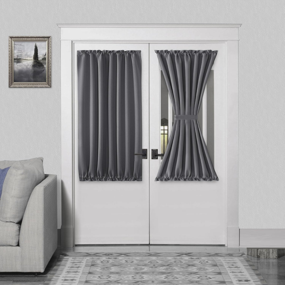 DWCN French Door Curtains – Rod Pocket Thermal Blackout Curtain for Doors with Glass Window, Kitchen and Patio Doors for Privacy, 54 X 40 Inches Long, 1 Curtain Panel with Tieback, Grey