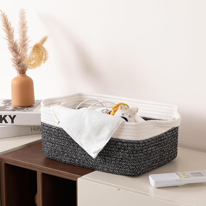 OIAHOMY 3 Pack Storage Baskets for Organizing, Woven Cotton Rope Basket for Shelves, Closet Organizer Bins with Handles, Rectangle Toy Organization, 13.78''×9.84''×5.5'', Black & White