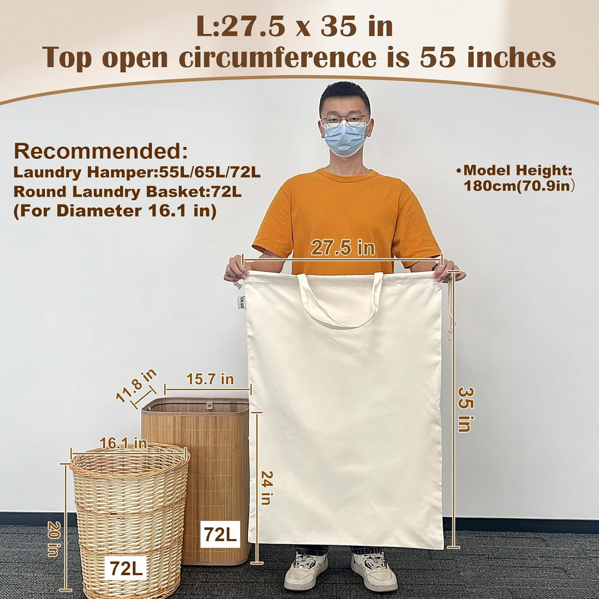 Canvas Laundry Bag with Handles & Drawstring Closure 27.5”x35", Thick Cotton Laundry Bag Heavy Duty Washable Dirty Clothes Travel Sack for Camp, College Dorm, Laundromat (Beige L, 2 Pack)