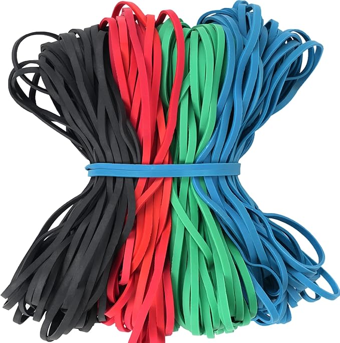 Large Rubber Bands 140 Pack, Heavy Duty Big Elastic Bands Size #117, Colored (Black, Blue, Red, Green), 7x1/8 Inches, Fits Up to 33 Gallon Trash Cans