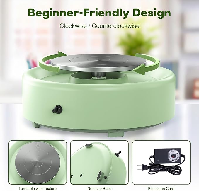 Alldeer Mini Pottery Wheel Machine - 6" Upgraded Clay Wheel for Beginners & Kids, 75W Motor, Adjustable Speed, Low Noise Ceramic Making Kit with 18PCS Sculpting Tools, Ideal for Home DIY (Green)