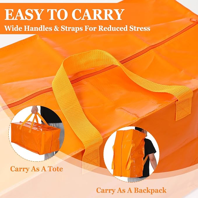 4 Pcs 24 Gallon Large Moving Bags with Zipper and Handles Foldable Storage Duffle Bags Heavy Duty Extra Large Totes for College Dorm Travel Clothes Blankets Bedding Moving (Jelly Orange)