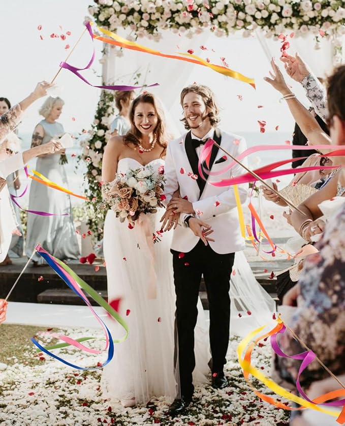 100pcs Rainbow Ribbon Stick Wands with Gold Bell, Multi-Colored Fairy Wish Wands Party Rhythm Send-Off Idea Ribbon Streamers for Wedding, Bridal Shower, Pride Parade, Ceremony Exit Photo Props