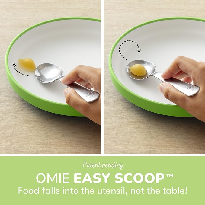 Omie® Easy Scoop Plates for Kids | Unique Design Helps Food Fall into the Spoon, Not on the Table | Made from Plants | 3 Plates + 2 Silicone Dividers | Green