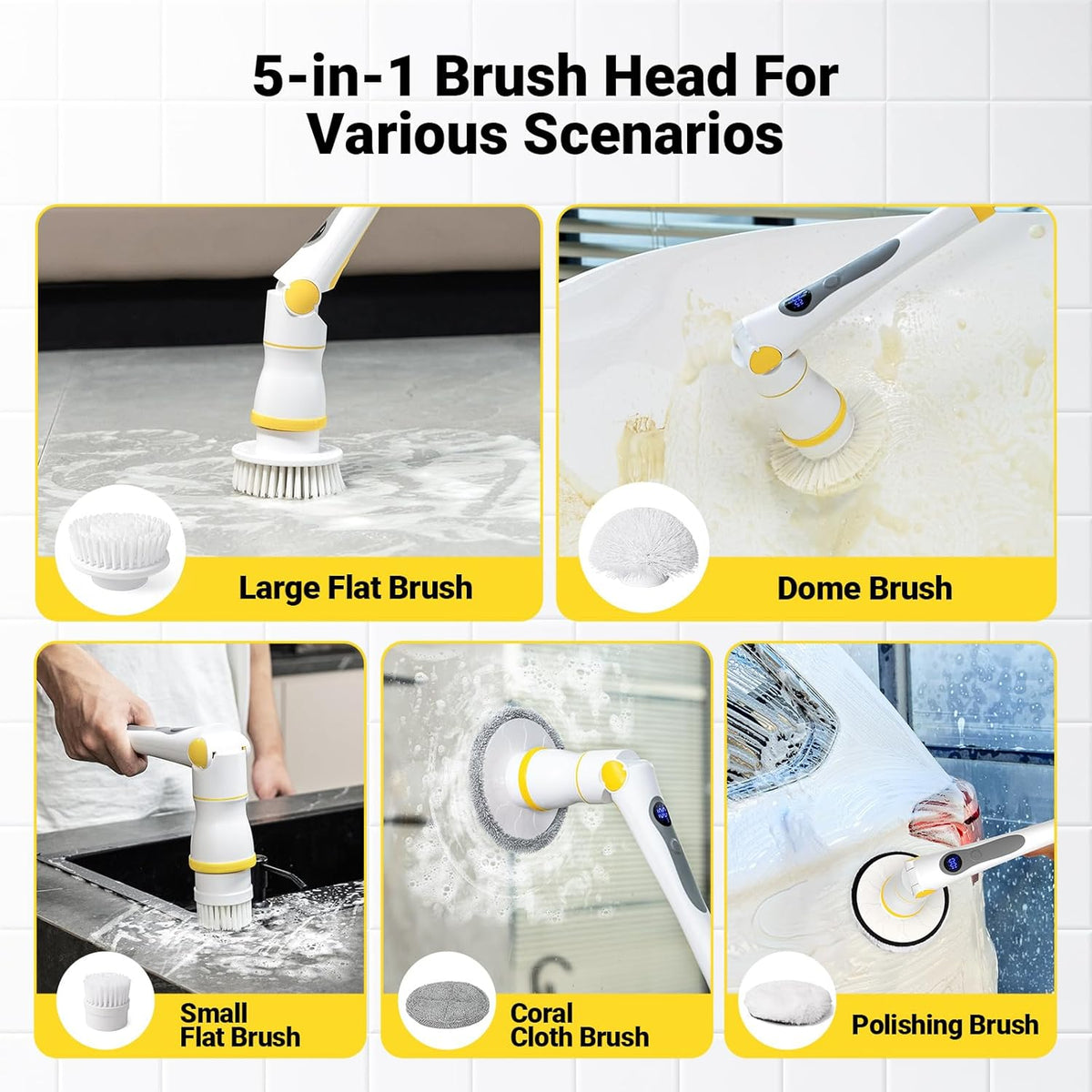 Electric Spin Scrubber, Cordless Cleaning Brush with LED Display, 4 Adjustable Angles, 3 Speeds, 2H Runtime, Adjustable Handle, 5 Brush Heads for Bathroom Tub Kitchen Tile Floor Car