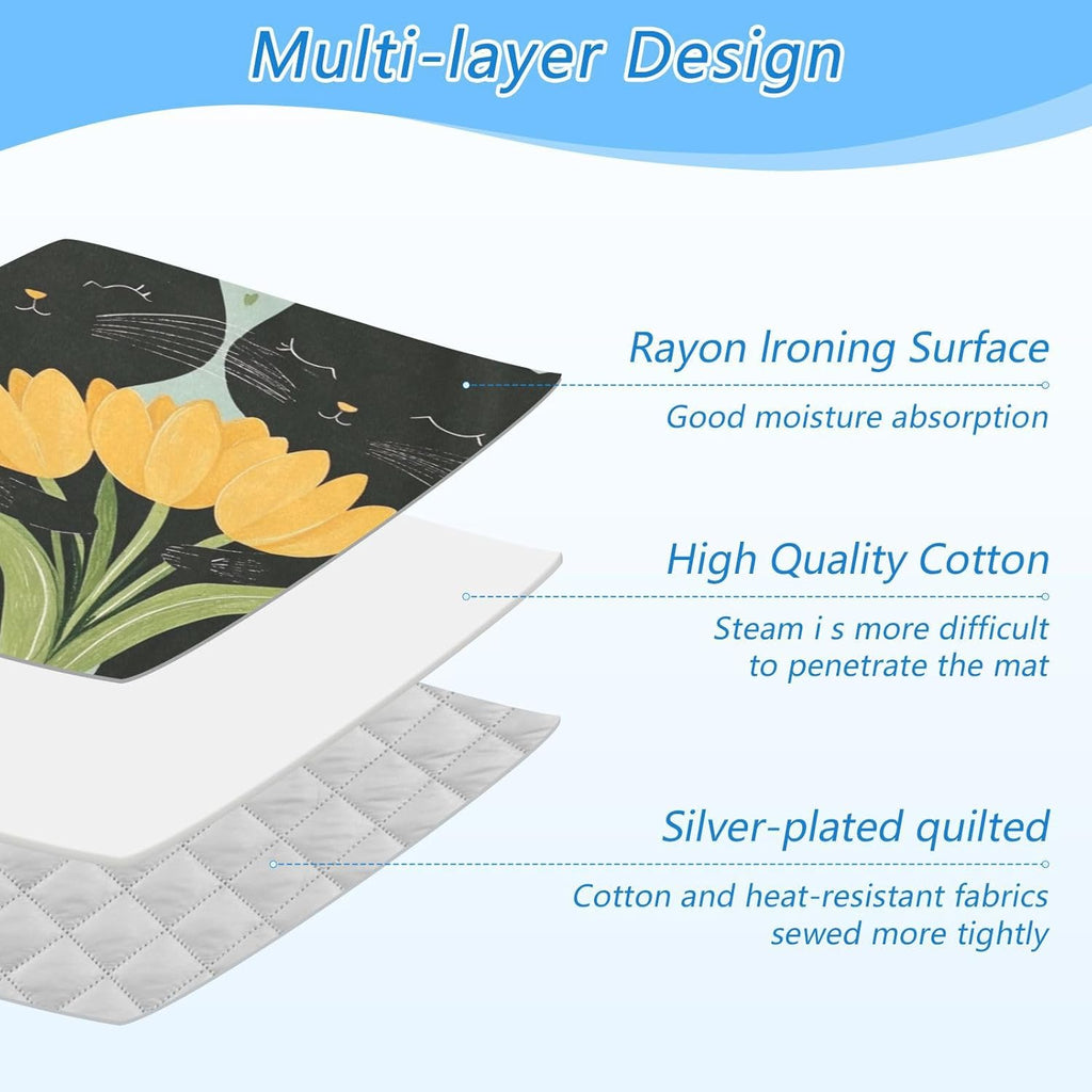 Black Cats Tulips Green Ironing Mat Thickened Ironing Blanket Travel Portable Double-Side Using Ironing Pad Travel Isolate Heat Pad Cover for Washer Dryer Table Top Countertop 27.6x47.2in