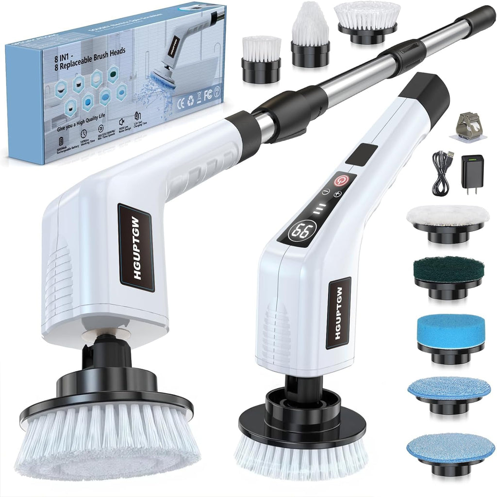 Electric Spin Scrubber, Cleaning Brushes for Household Use with 8 Replaceable Brush Heads, Power Scrubbers for Cleaning Bathroom, Extension Bath Brush Long Handle for Shower, Tub, Kitchen, Tile, Floor