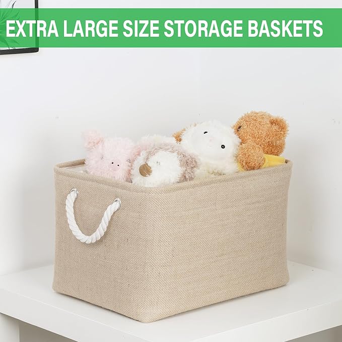 Bidtakay Large Storage Baskets for Shelves 3 Pack Fabric Storage Bins for Organizing Linen Collapsible Organizer for Closet-Flaxen