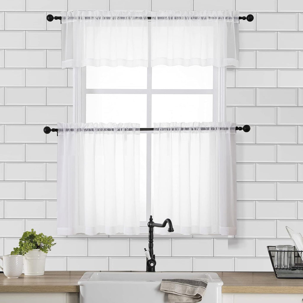 Chyhomenyc Sheer White Valances for Windows 2 Pack, Small Window Curtains for Living Room Bathroom Cafe Laundry Basement, Modern Top Dual Rod Pocket Voile Curtain, 42W x 14L inches, White