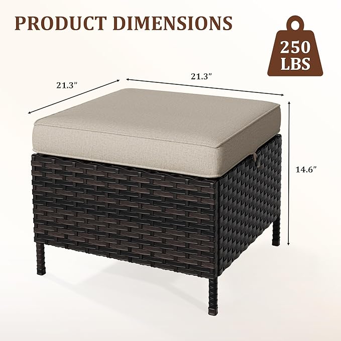 Outdoor Patio Ottoman Set of 2, All Weather Rattan Wicker Ottoman Seat, Outdoor Footstool Footrest Seat for Patio, Backyard, Poolside, Garden