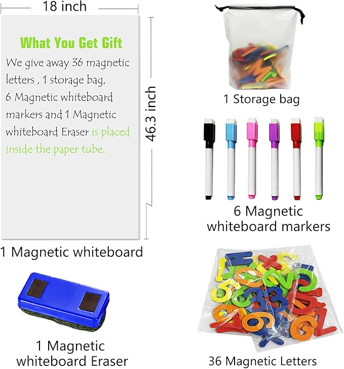 Magnetic Whiteboard Paper for Wall 46.3" x 18" Adhesive Magnetic Dry Erase White Board Sticker with 36 Magnet Letters 6 Markers for Kid Removable Peel and Stick Whiteboard Wallpaper Roll
