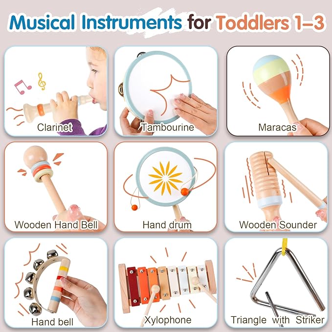 Toddler Musical Instruments-Montessori Wooden Educational Toys for Toddlers 1-3 Baby Musical Instruments Neutral Color Musical Instruments Set with Xylophone Maracas Bell Birthday Gift for Ages 1 2 3