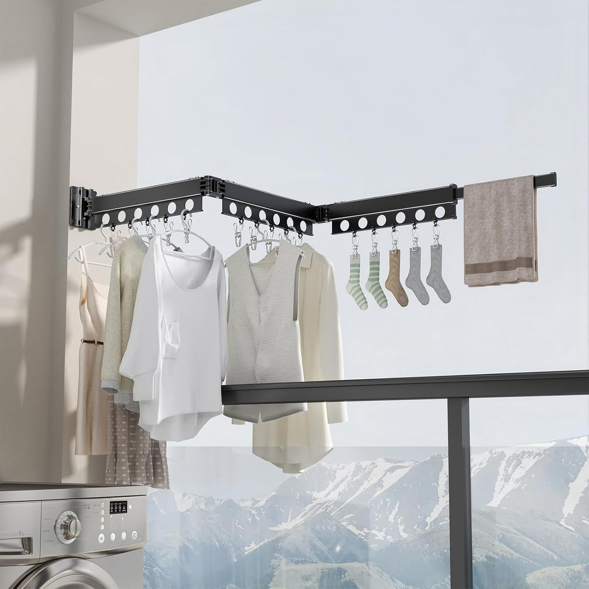 Clothes Drying Rack Foldable Wall Mounted Drying Rack 3 Fold Black-Laundry Drying Rack Durable Clothing Racks for Hanging Clothes