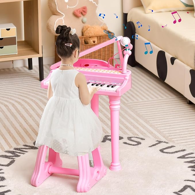 HONEY JOY Classical Kids Mini Grand Piano, 37-Key Electronic Piano with Music Stand & Stool, Portable Musical Instrument Toy for Kids (Pink, 37 Keys)