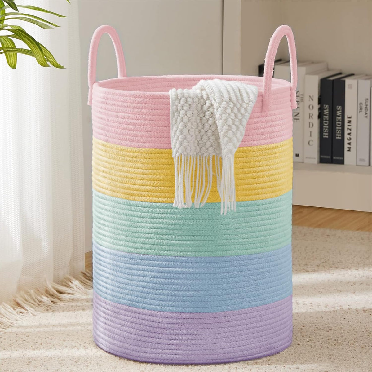 YOUDENOVA Laundry Hamper Basket, Woven 58L Tall Laundry Basket for Blanket Organizer- Clothes Hamper Baby Nursery Hamper for Blanket Storage in Bedroom