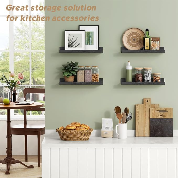 Forbena Black Floating Shelves for Wall with Lip Set of 4, Small Picture Ledge Shelf for Living Room Bedroom Books, Wood Wall Mounted Shelves for Bathroom Decor Entryway Kitchen Storage (Black)