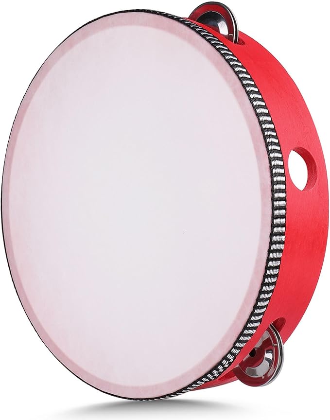 Flexzion Wooden Round Tambourine for Kids and Adults 8" Inch Single Row 8 Pair Jingles, Red Handheld Percussion Instrument for Beginner and Professional Tambourine Player