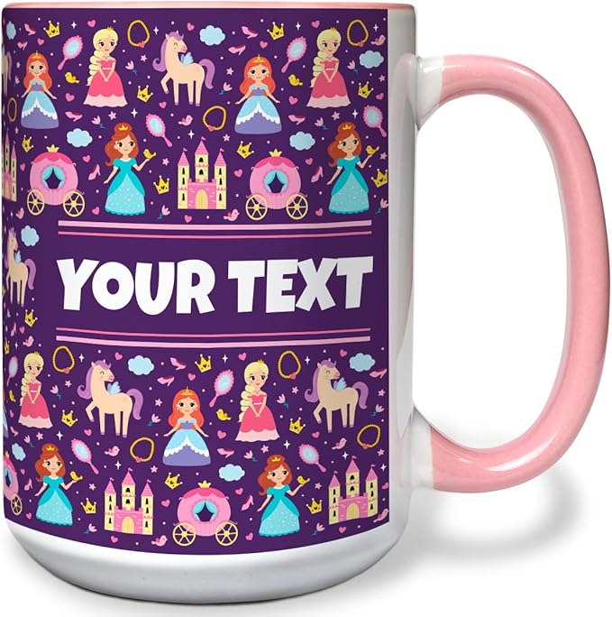 Personalized Mug for Kids - Princesses - Custom Name/Text, Ceramic Hot Chocolate/Cocoa/Coffee Cup for Girls, Birthday/Christmas/Holiday Gift - 15 oz, Pink Handle