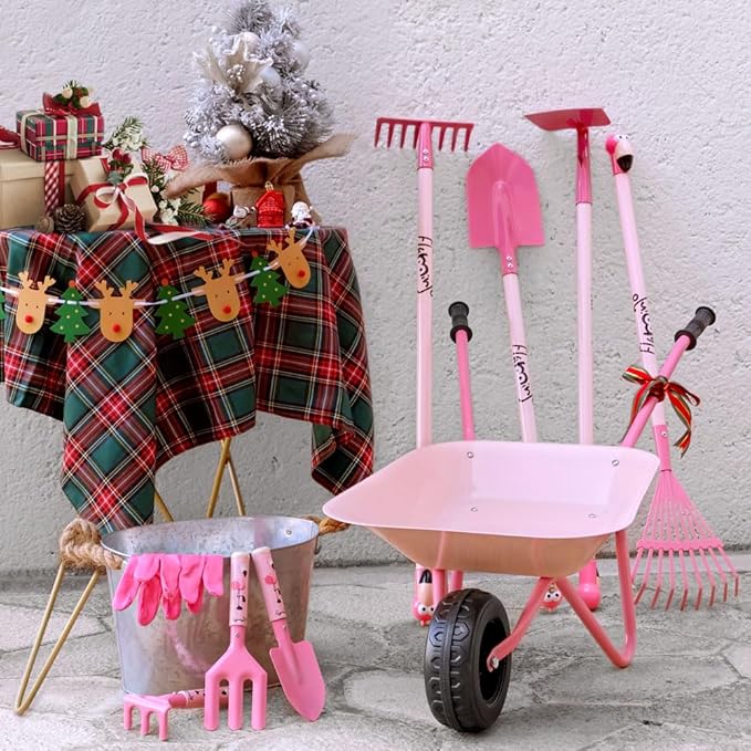 Kids Gardening Tool Set Pink, Kid Rake and Shovel Set, 29.6'' Metal Leaf Rake, Shovel, Hoe and Mini Garden Yard Tools, Gardening Toy Gift for Kids Age 3+ Years(Pink), Develop Intelligence
